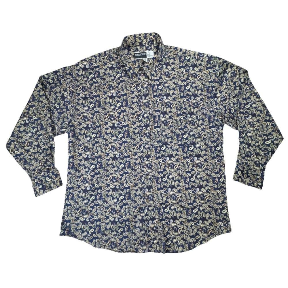 Alexander Martin Mens Button‎ Down Shirt Large Cotton Paisley Navy Blue Boho 90s